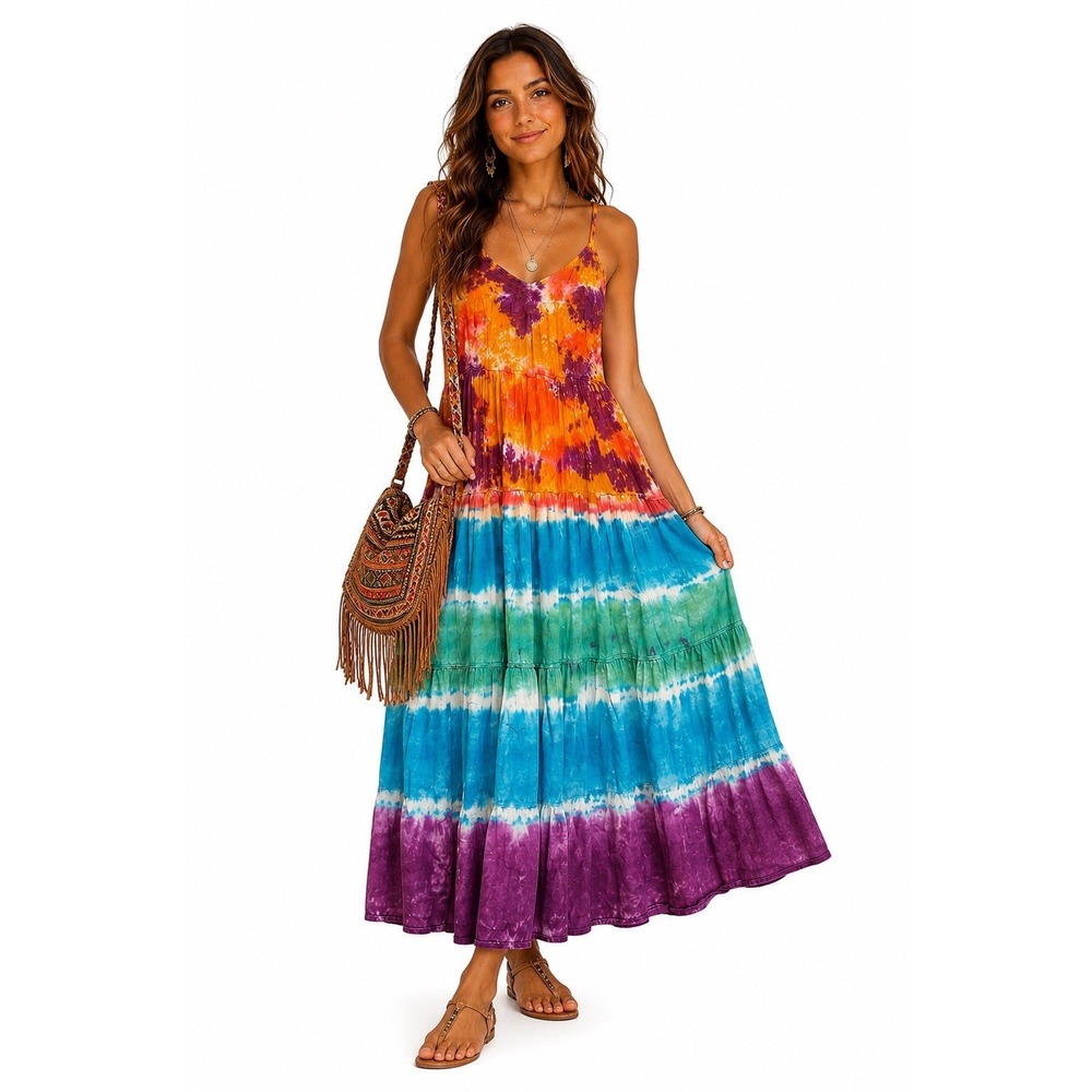 Earthbound Trading Company Gauzy Tiered Smocked Maxi Dress Large Hippie Boho